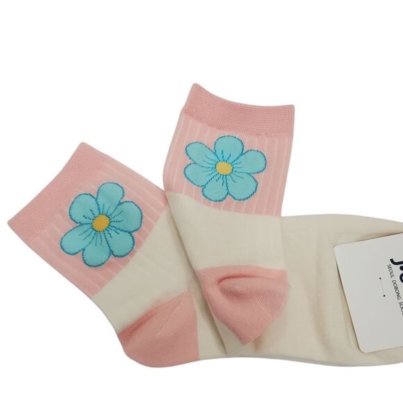 POL Baby Pink Hippie Flower Boho Kidcore Lolita Rib Flex Comfort Ankle‎ Socks - Picture 3 of 4